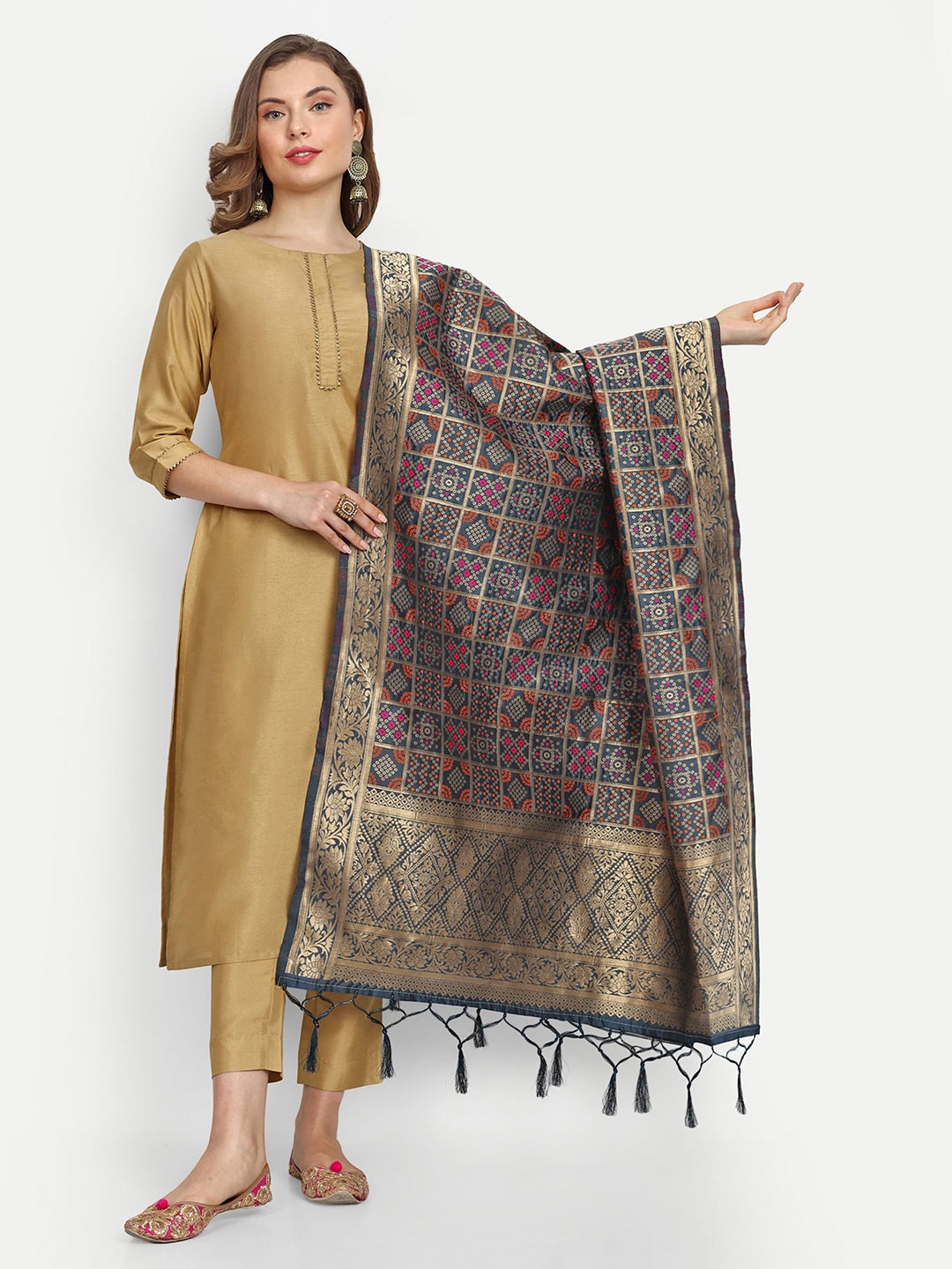 

ESCORA Bandhani Woven Design Tasselled Bandhani Silk Dupatta, Grey