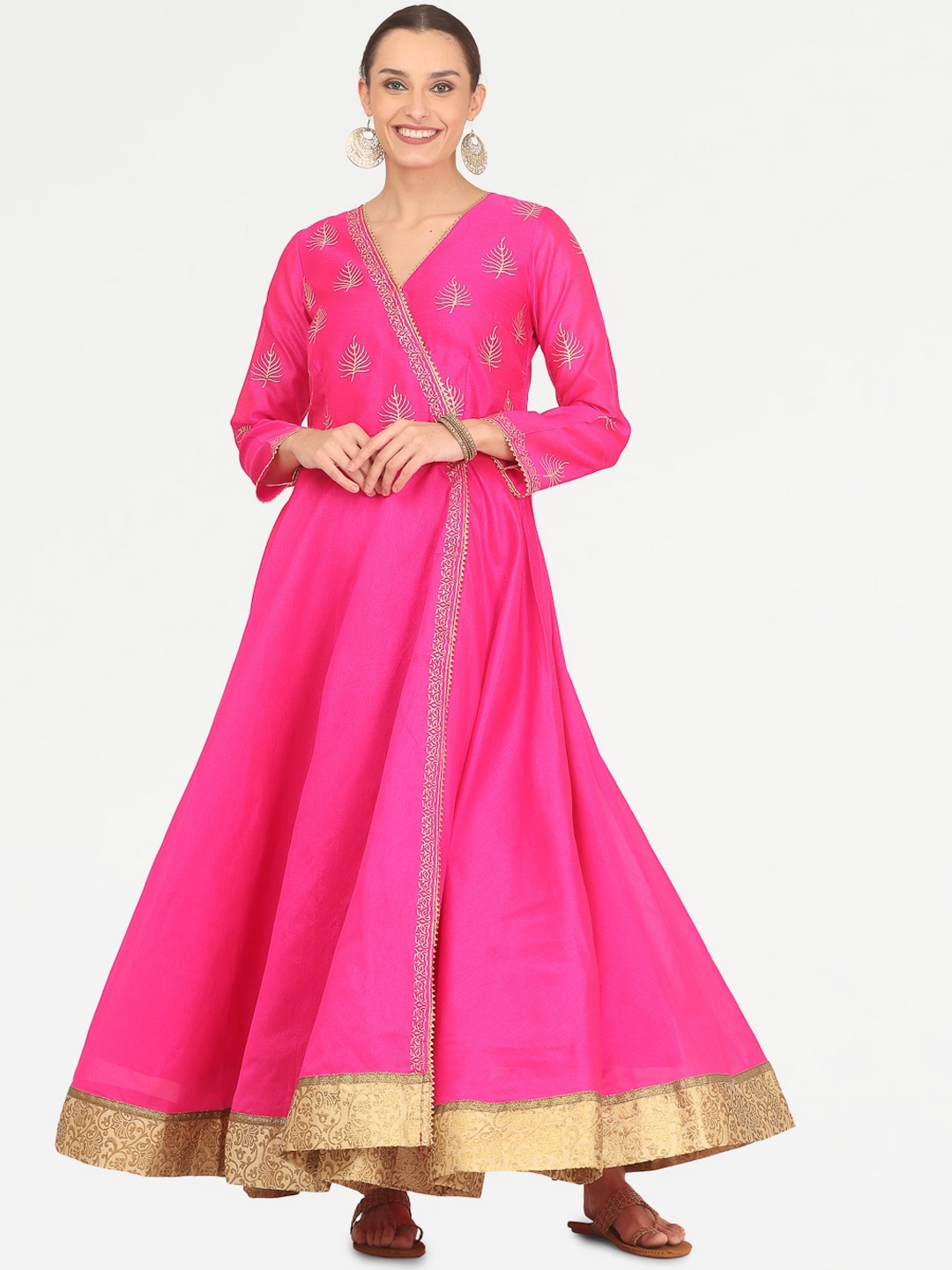 

KAANCHIE NANGGIA Floral Yoke Design Gotta Patti Silk A-Line Ethnic Dress, Pink