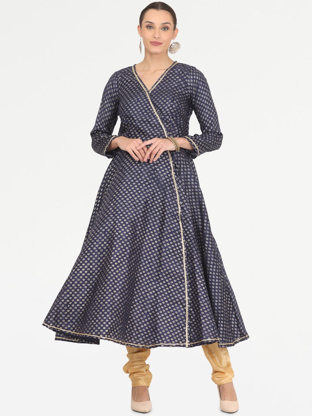 

KAANCHIE NANGGIA Ethnic Motifs Printed V -Neck Angrakha Anarkali Kurta & Churidar, Blue