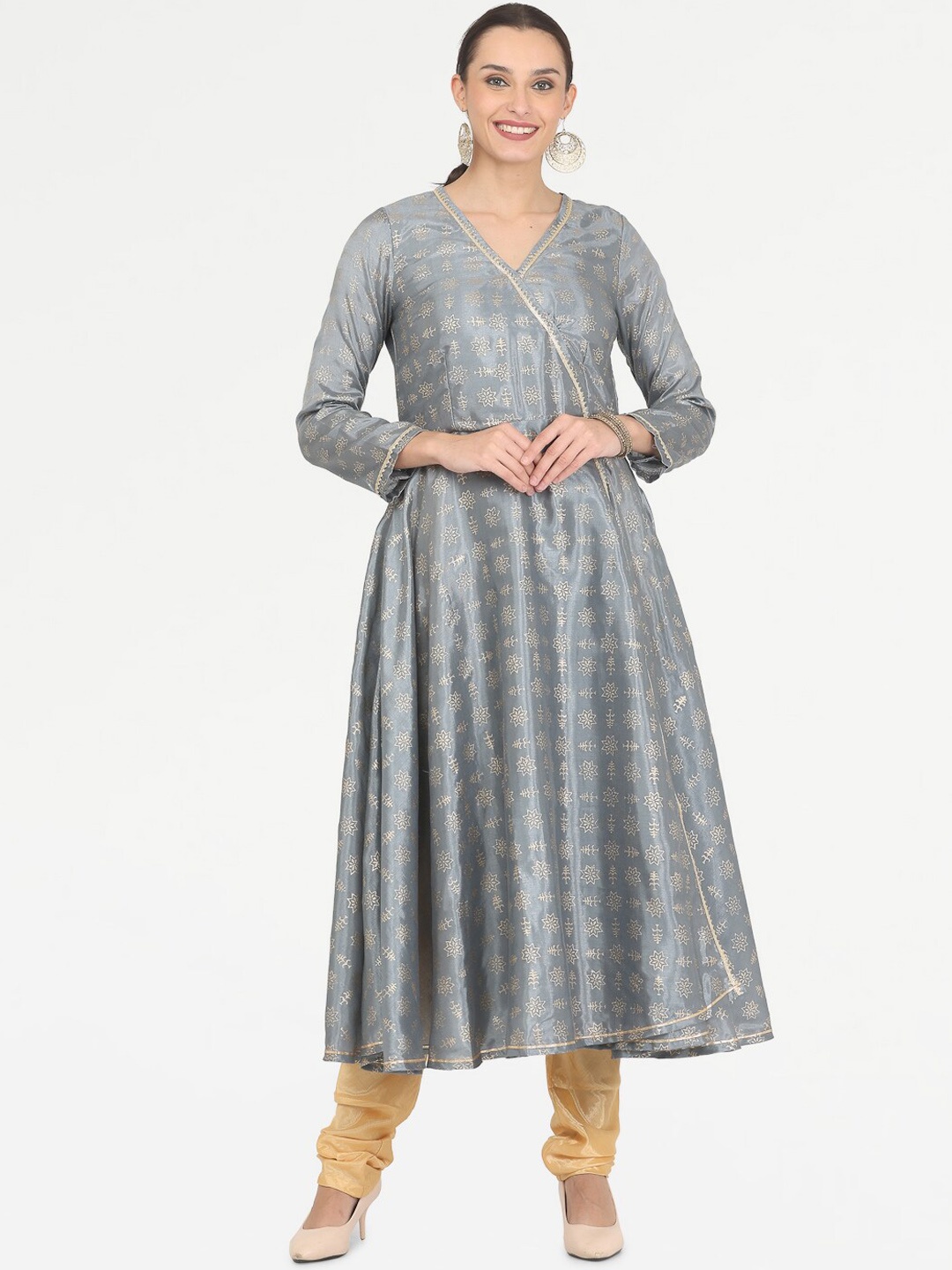 

KAANCHIE NANGGIA Ethnic Motifs Printed V -Neck Angrakha Anarkali Kurta & Churidar, Grey