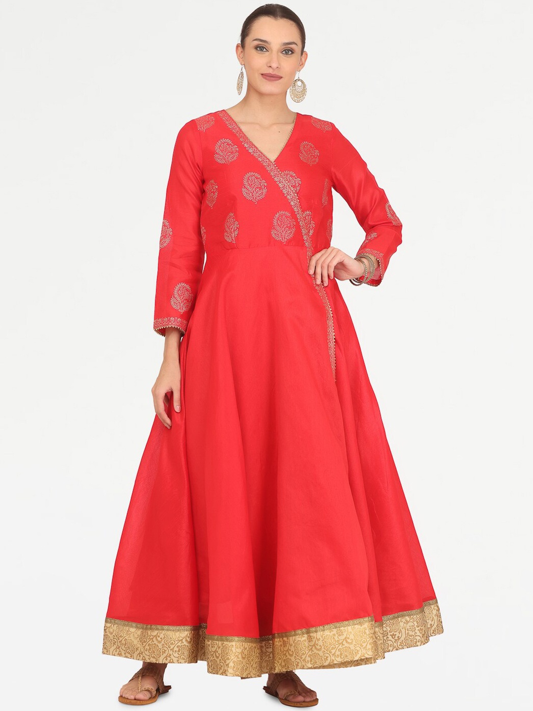 

KAANCHIE NANGGIA Floral Yoke Design Gotta Patti Silk A-Line Ethnic Dress, Red
