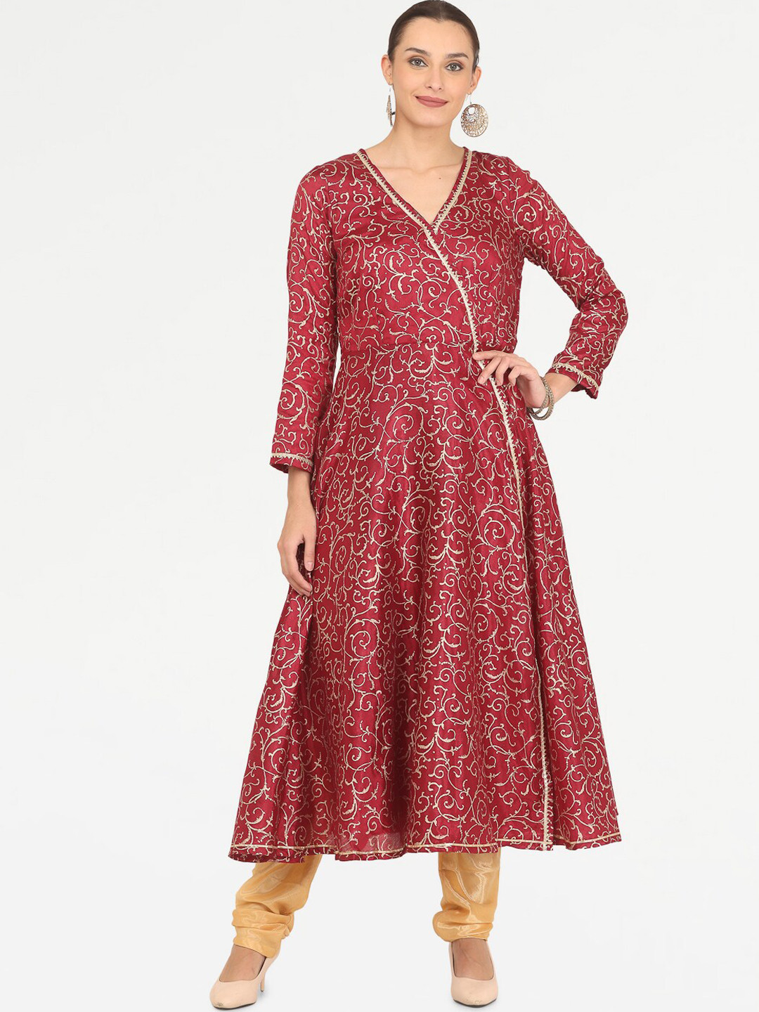 

KAANCHIE NANGGIA Floral Printed Angrakha Pure Silk Kurta With Churidar, Maroon