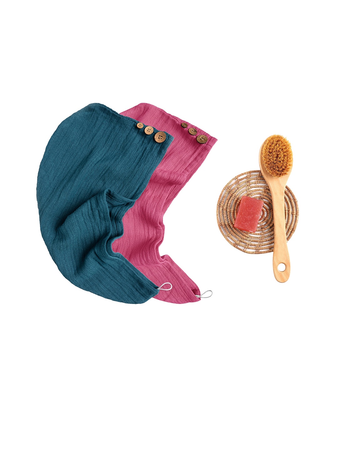 

Doctor Towels Teal Blue & Pink 2 Pieces Banana Double Cloth Hair Wrap