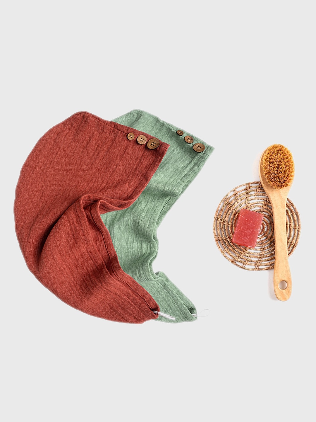 

Doctor Towels Teracotta Brown & Sage Green 2 Pcs Banana Double Cloth Hair Wraps