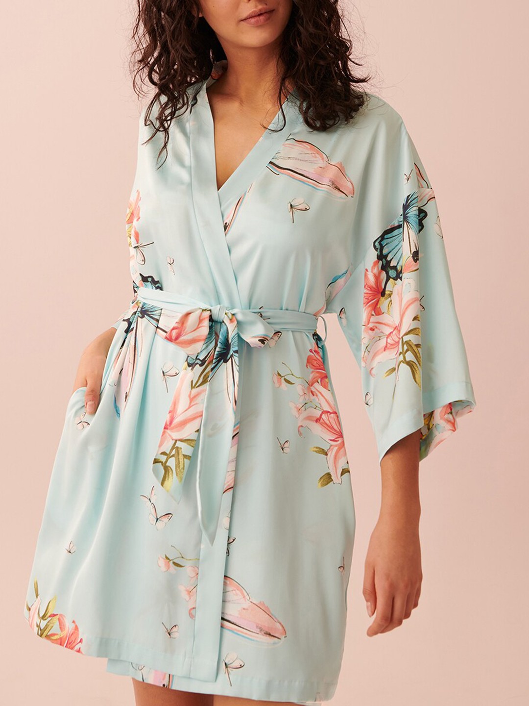 

La Vie en Rose Printed Satin Kimono Robe, Blue