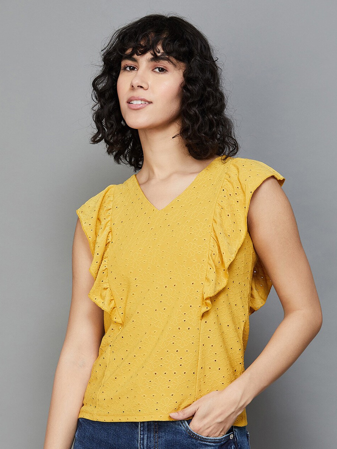 

Fame Forever by Lifestyle Self Design V-Neck Flutter Sleeve Schiffli Top, Mustard