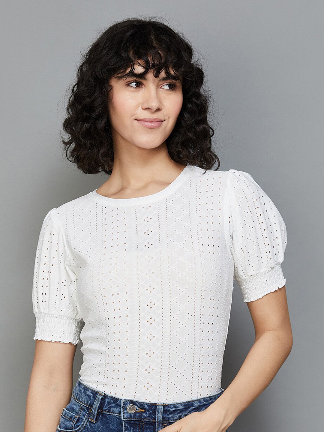 

Fame Forever by Lifestyle Self Design Puff Sleeves Schiffli Top, Off white