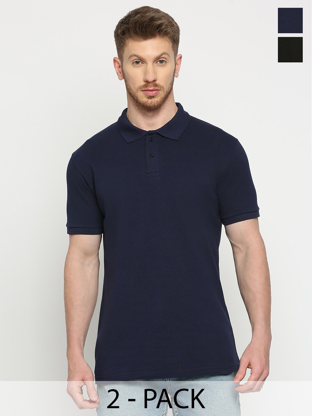 

THE DAILY OUTFITS Pack Of 2 Polo Collar Pure Cotton Bio Finish T-Shirt, Black