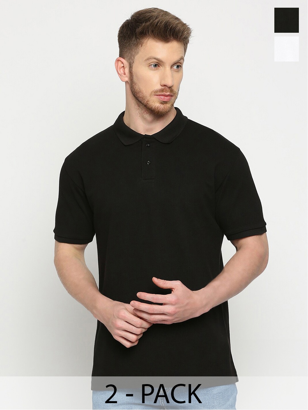 

THE DAILY OUTFITS Pack Of 2 Polo Collar Pure Cotton Bio Finish T-shirt, Black