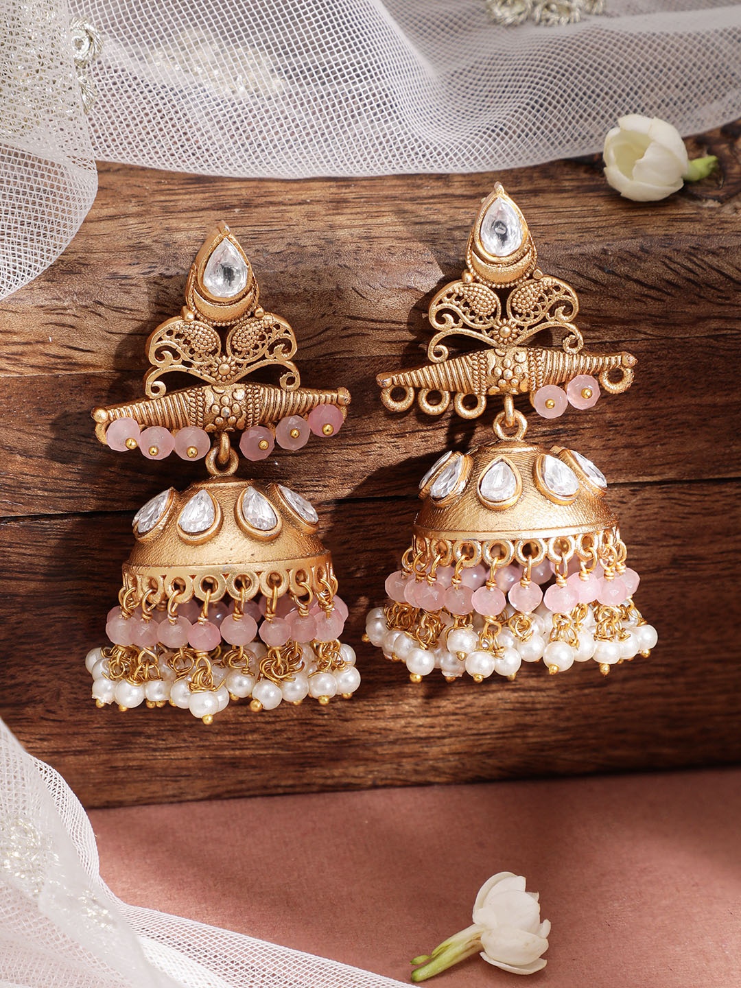 

Rubans Gold Plated Stone-Studded Beaded Dome Shaped Jhumka Earrings