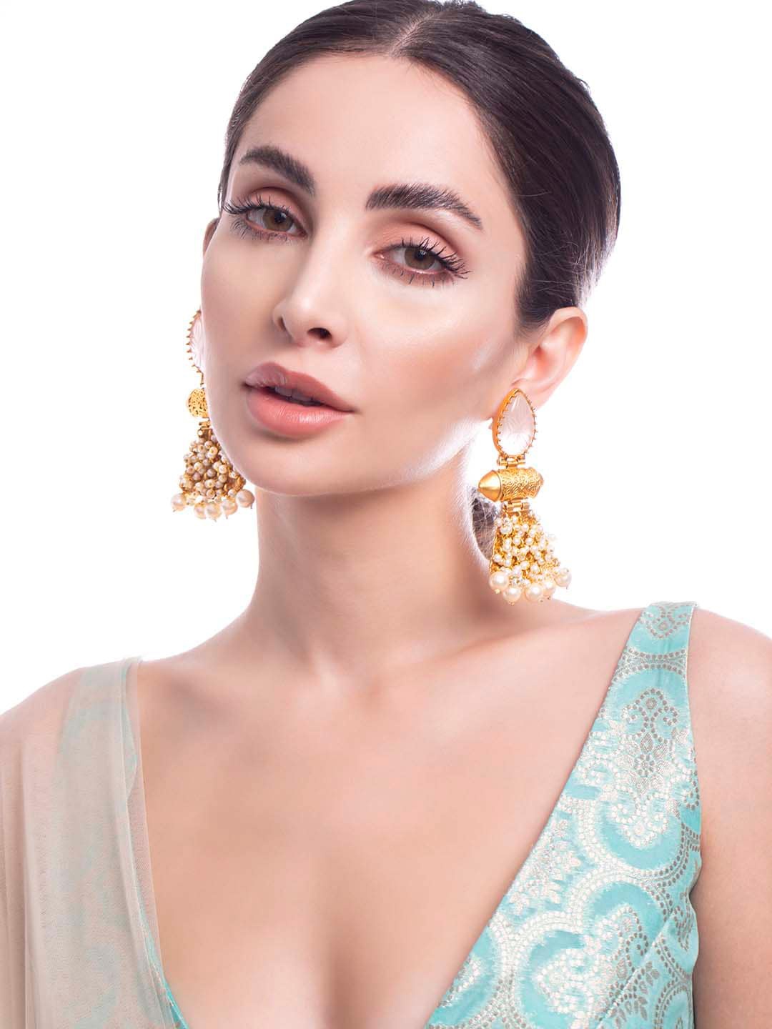 

Rubans Gold-Plated Stone-Studded & Beaded Classic Drop Earrings