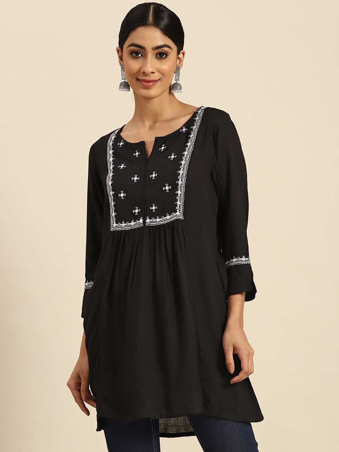 

KALINI Ethnic Motifs Embroidered Thread Work Pleated A-Line Kurti, Black