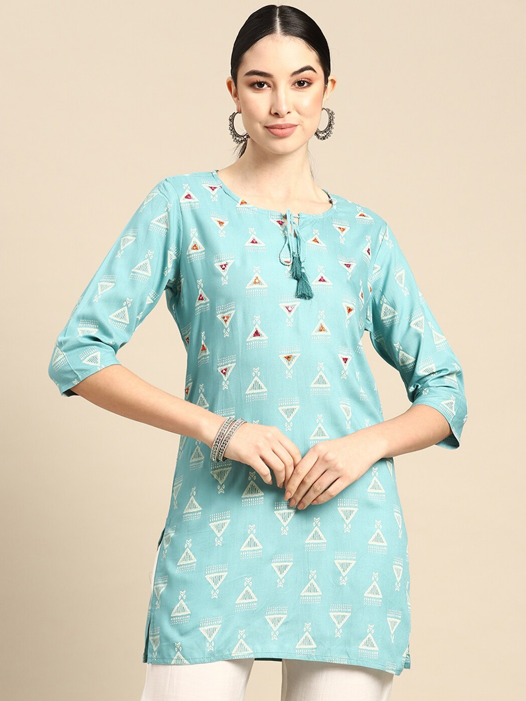 

KALINI Geometric Embroidered Mirror Work Straight Kurti, Turquoise blue