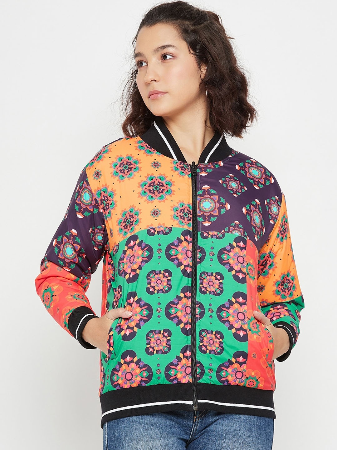 

EDRIO Floral Printed Reversible Bomber Jacket, Orange