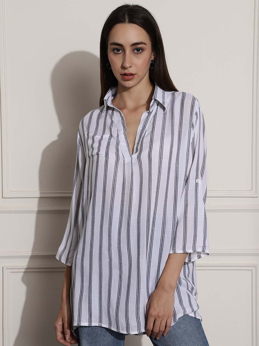 

NoBarr Striped Shirt Style Top, White