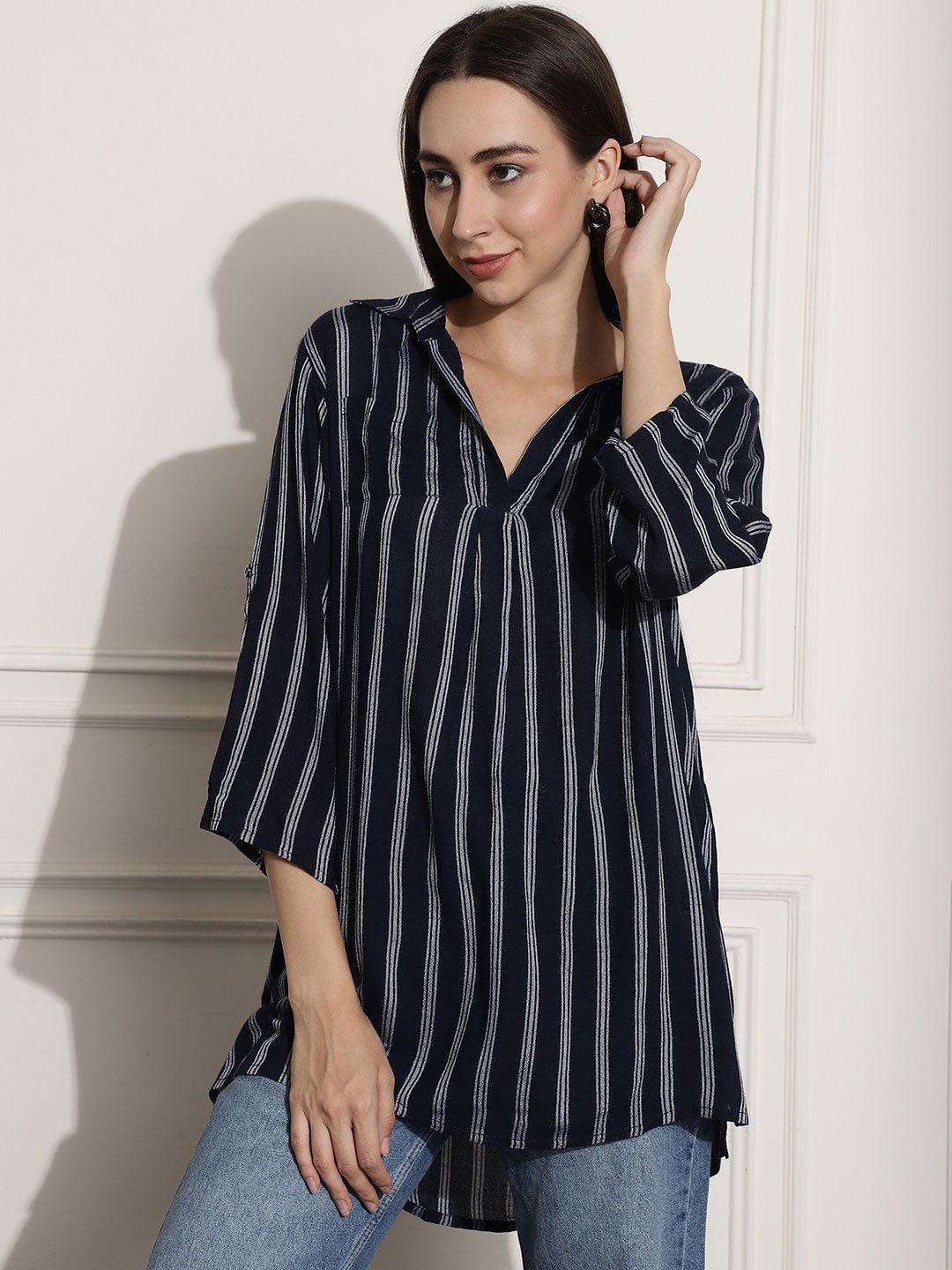 

NoBarr Shirt Collar Striped Shirt Style Top, Blue