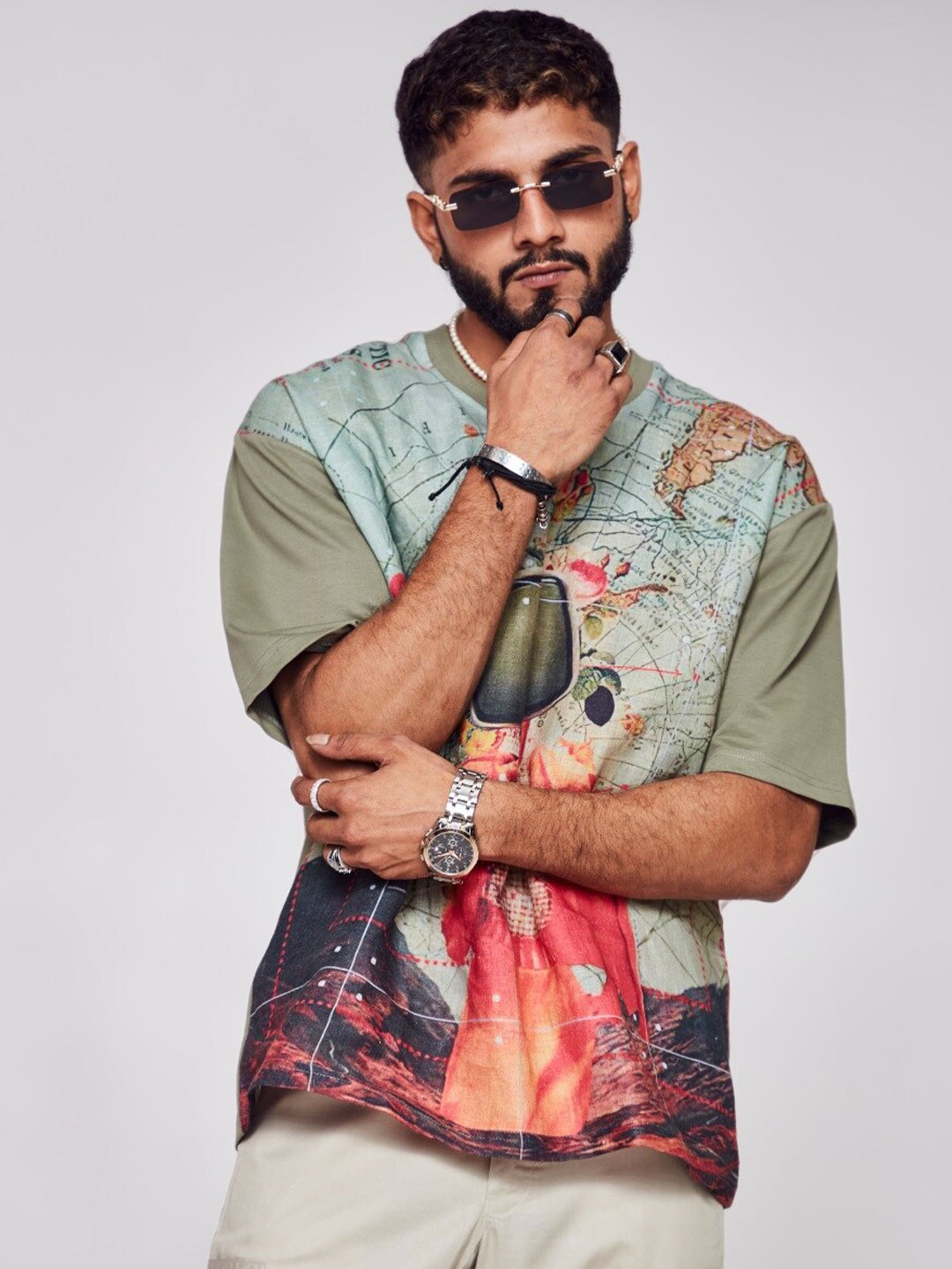 

ADDY'S for men Graphic Printed Drop-Shoulder Sleeve Linen Cotton Oversized T-shirt, Olive
