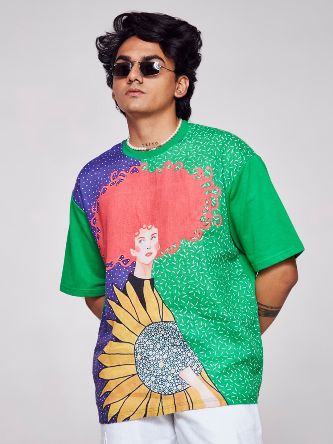 

ADDY'S for men Graphic Printed Drop-Shoulder Sleeve Linen Cotton Oversized T-shirt, Fluorescent green