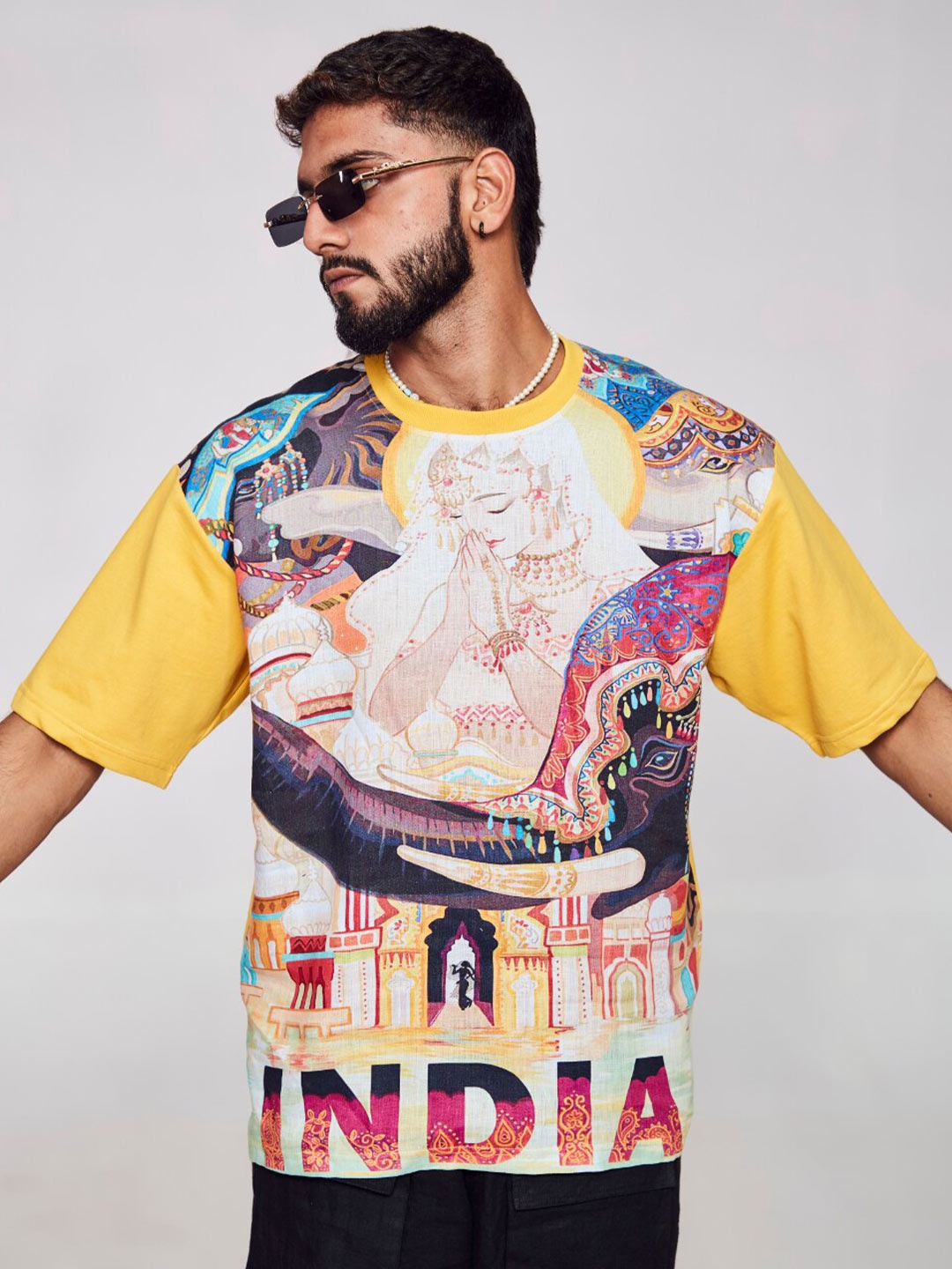 

ADDY'S for men Graphic Printed Drop-Shoulder Sleeves Linen Cotton Oversized T-shirt, Mustard