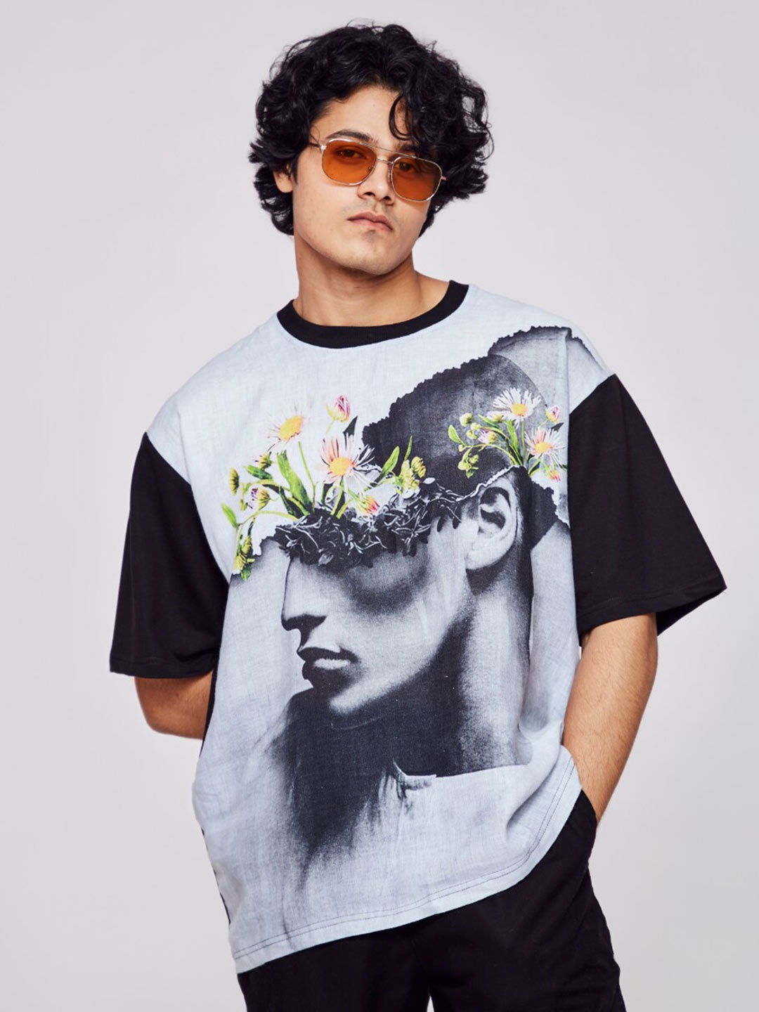 

ADDY'S for men Graphic Printed Oversized Linen T-shirt, Black