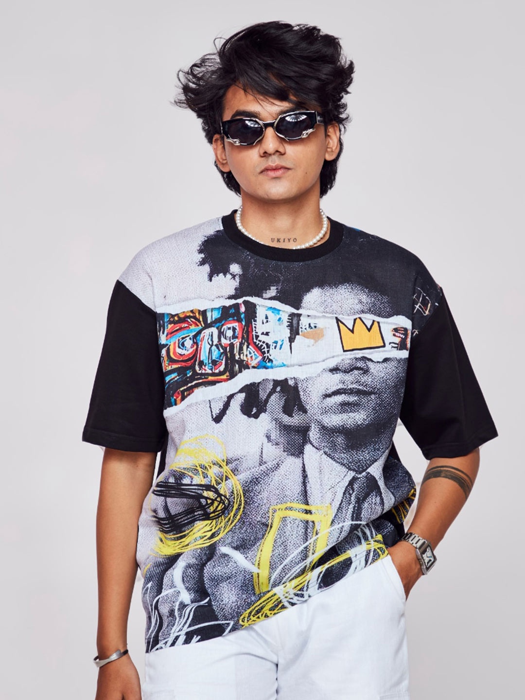 

ADDY'S for men Graphic Printed Oversized Linen T-shirt, Black