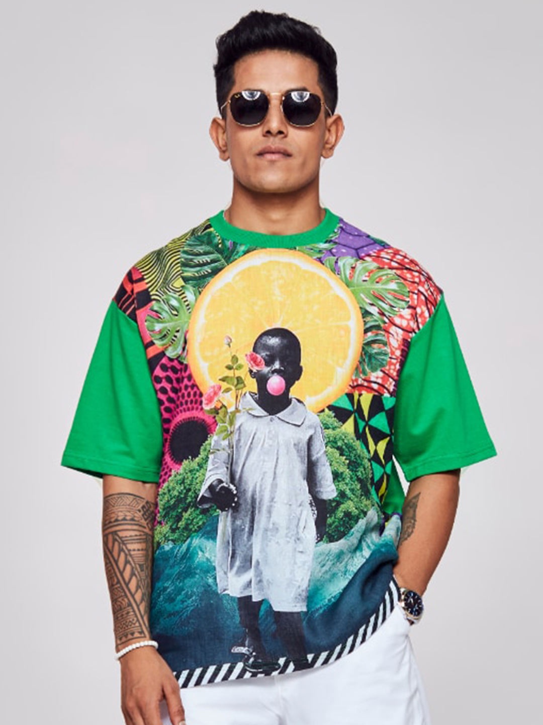 

ADDY'S for men Graphic Printed Drop-Shoulder Sleeves Oversized Linen T-shirt, Fluorescent green