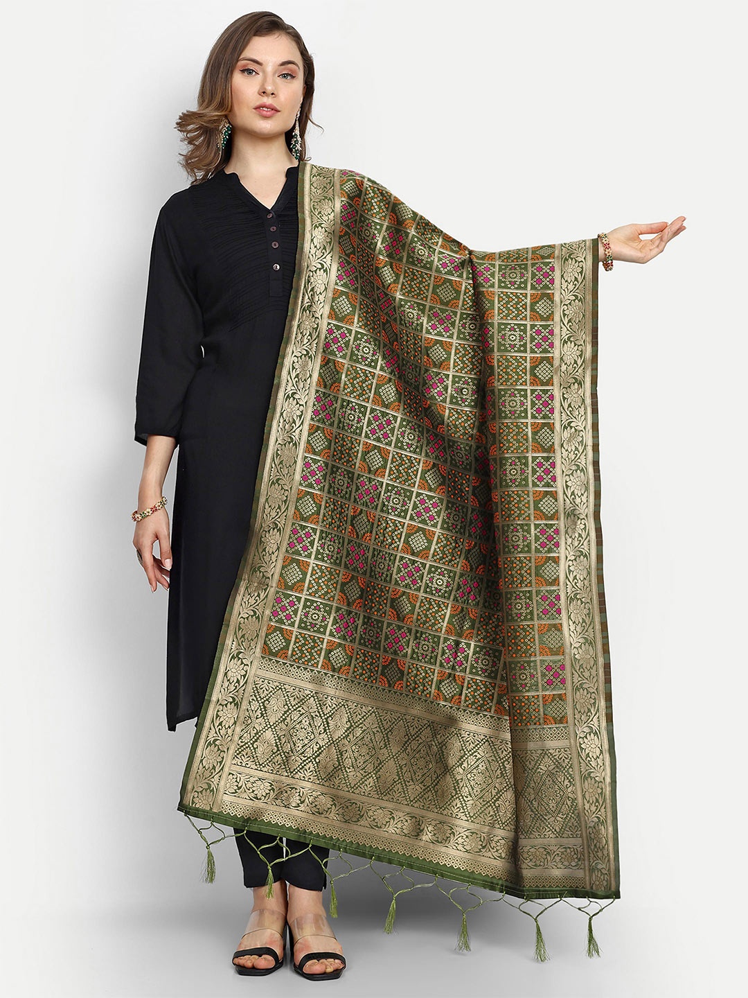 

ESCORA Bandhani Woven Design Tasselled Bandhani Silk Dupatta, Olive