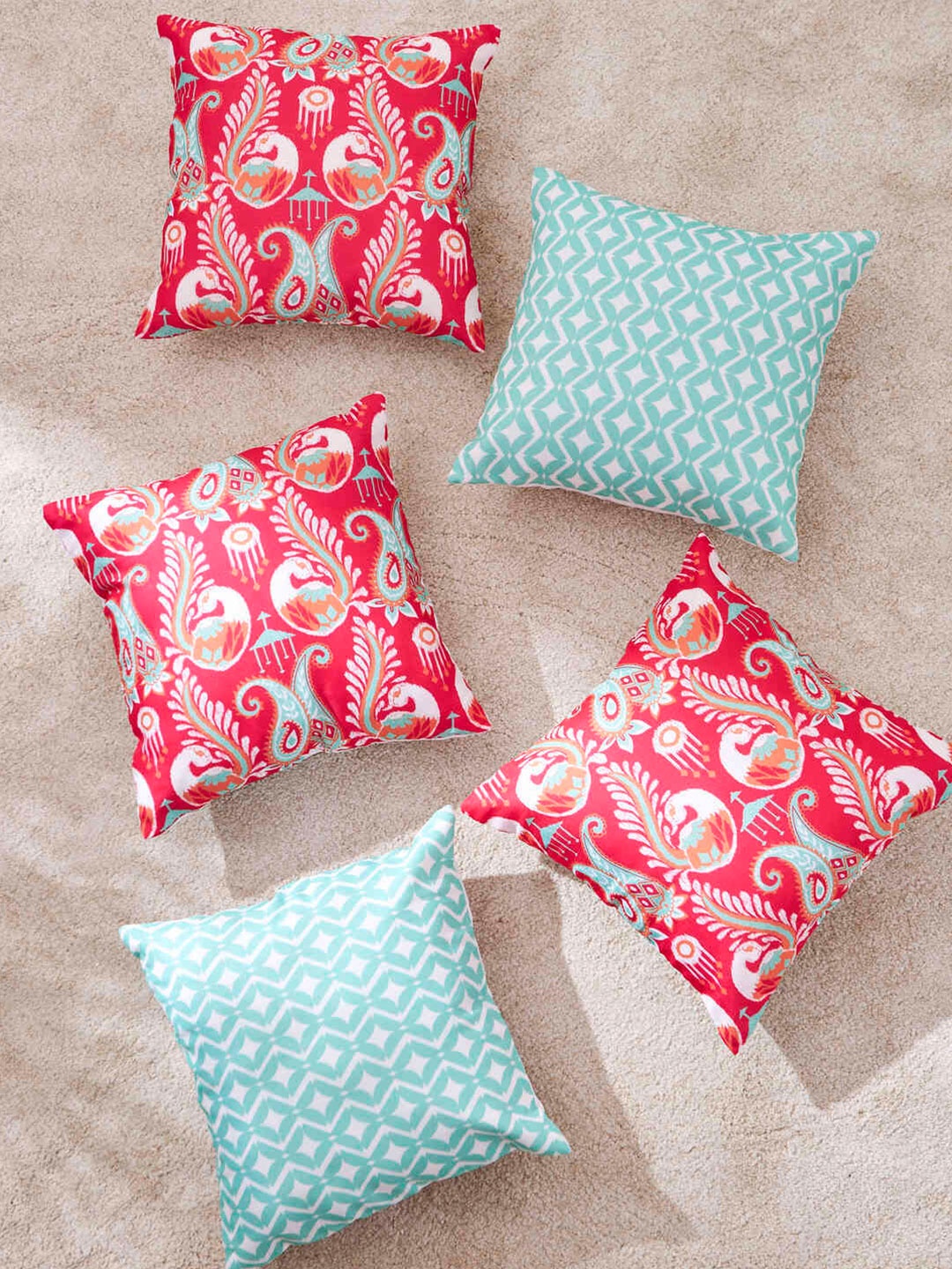

Chumbak Red & Blue 5 Pieces Ethnic Motifs Square Cushion Covers