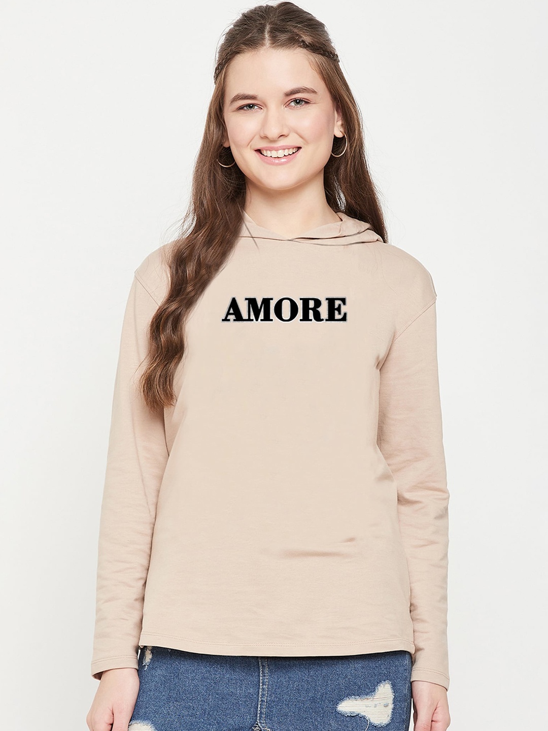 

EDRIO Typography Printed Hooded Cotton Sweatshirt, Beige