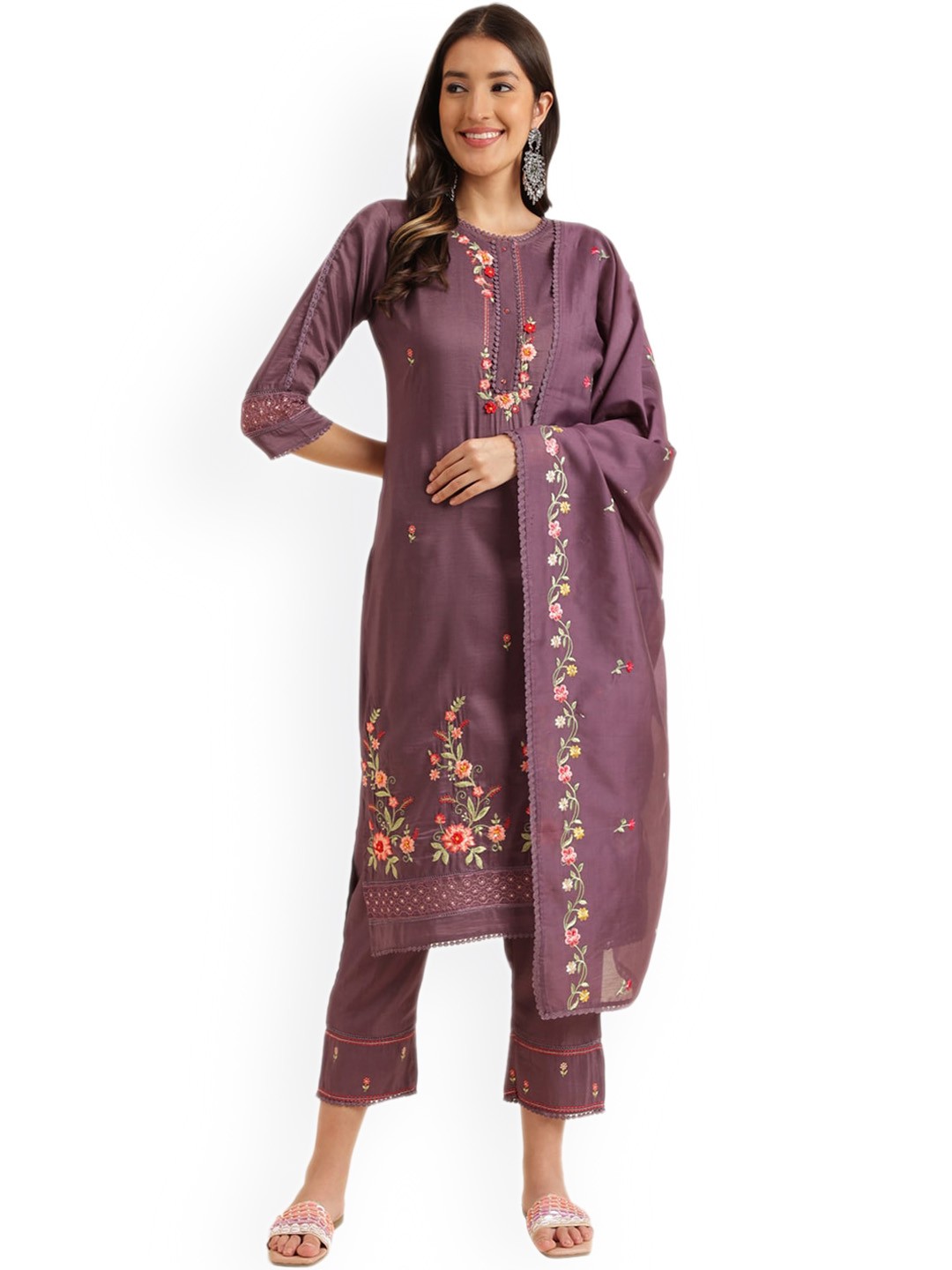 

Nimayaa Floral Embroidered Regular Thread Work Kurta with Trousers & Dupatta, Purple