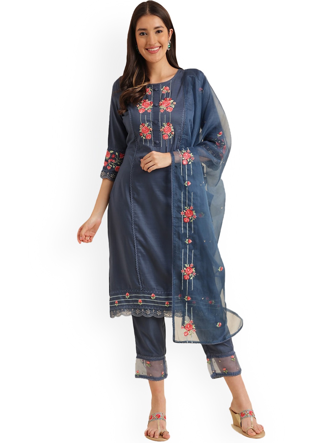 

Nimayaa Floral Embroidered Thread Work Straight Kurta & Trousers With Dupatta, Navy blue