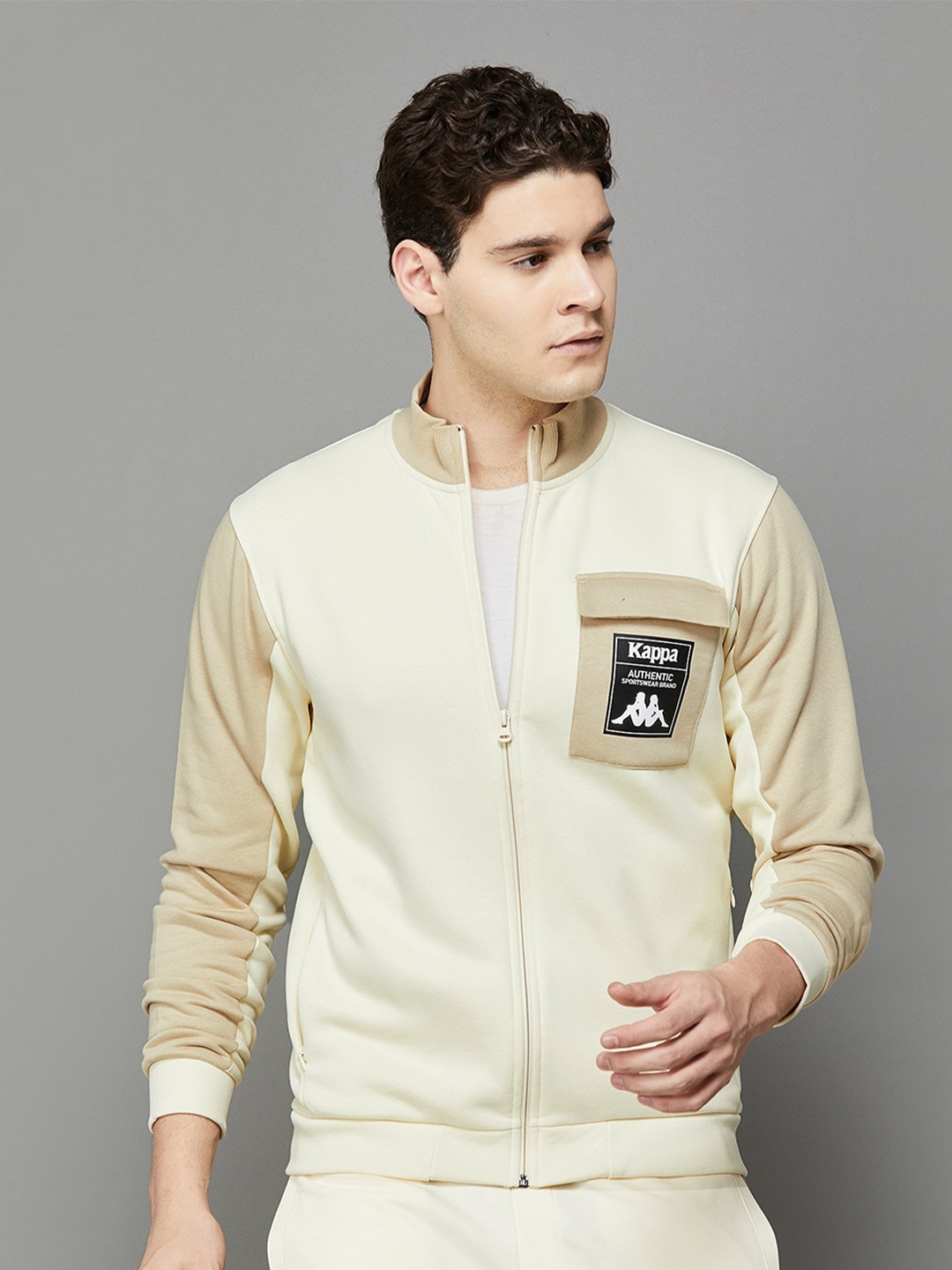 

Kappa Colourblocked Mock Collar Long Sleeve Cotton Front-Open Sweatshirt, Off white