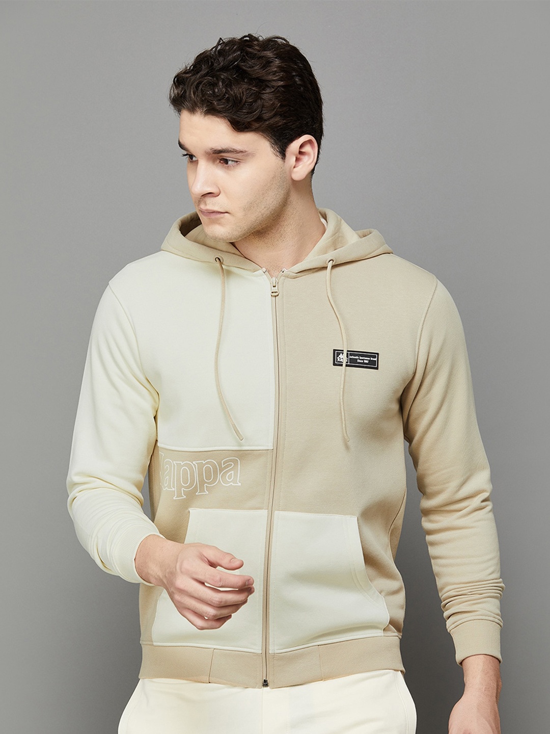 

Kappa Colourblocked Hooded Neck Long Sleeve Cotton Front-Open Sweatshirt, Beige