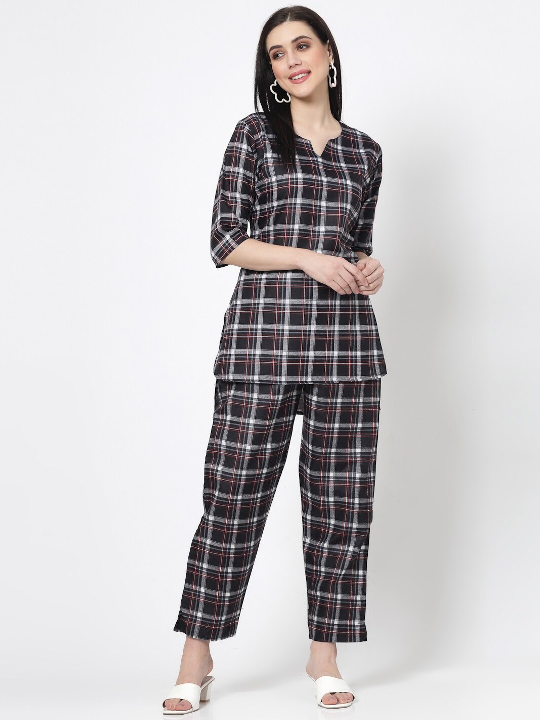 

KALINI Checked Round Neck Pure Cotton Top & Trousers, Black