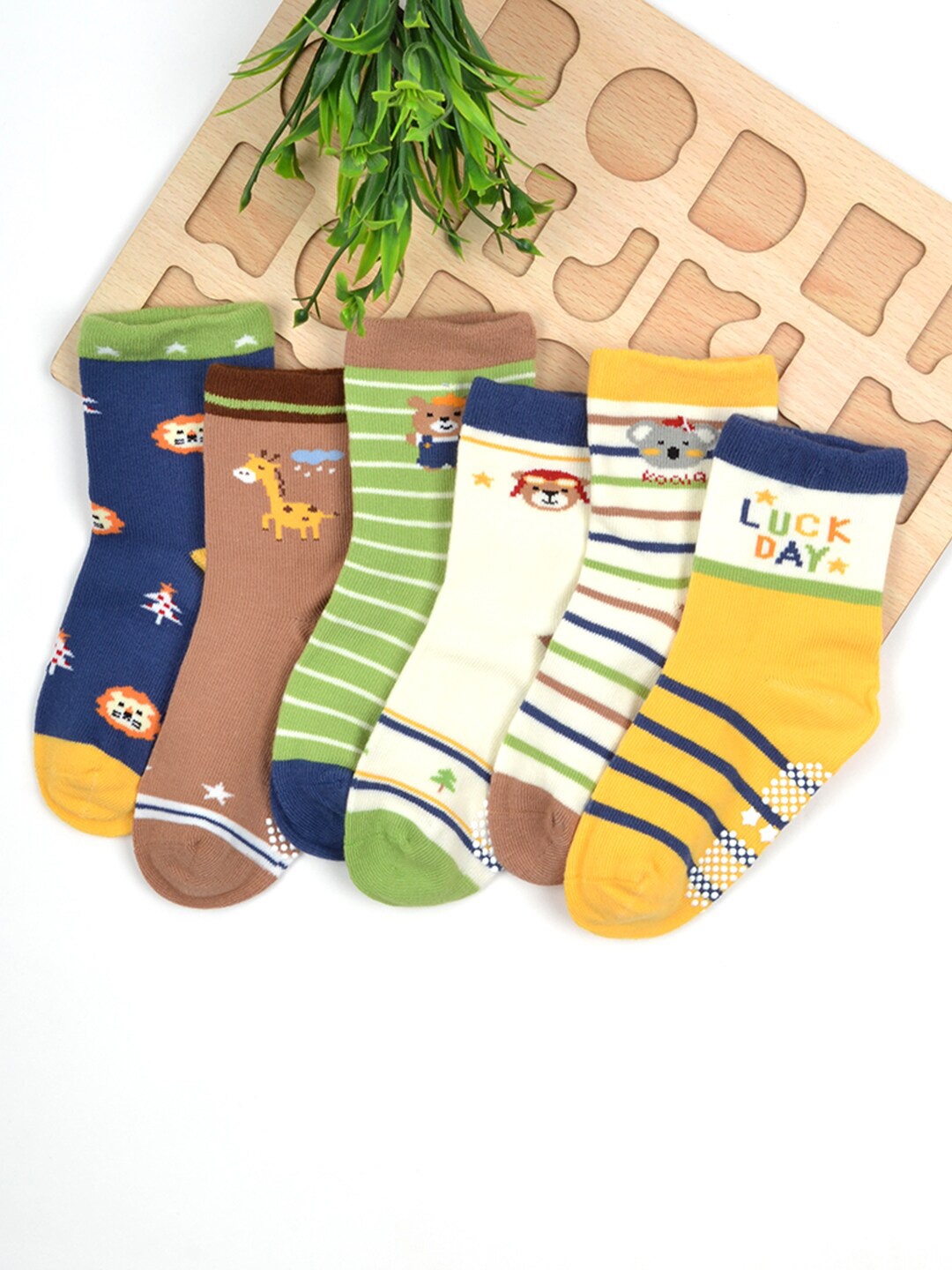 

FOOTPRINT 6 Pairs Infant Kids Unisex Multi-Colored Ankle-Length Assorted Antiskid Cotton Socks, Blue