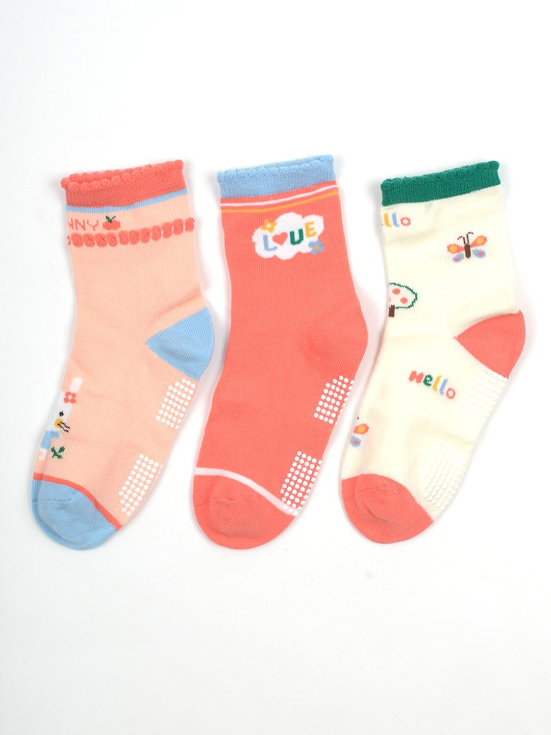 

FOOTPRINT 3 Pairs Infant Kids Unisex Multi-Colored Ankle-Length Assorted Antiskid Cotton Socks, White