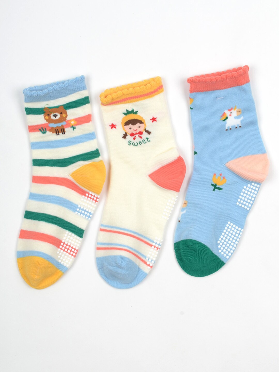 

FOOTPRINTS Kids Pack Of 3 Patterned Cotton Anti Skid Socks, Cream