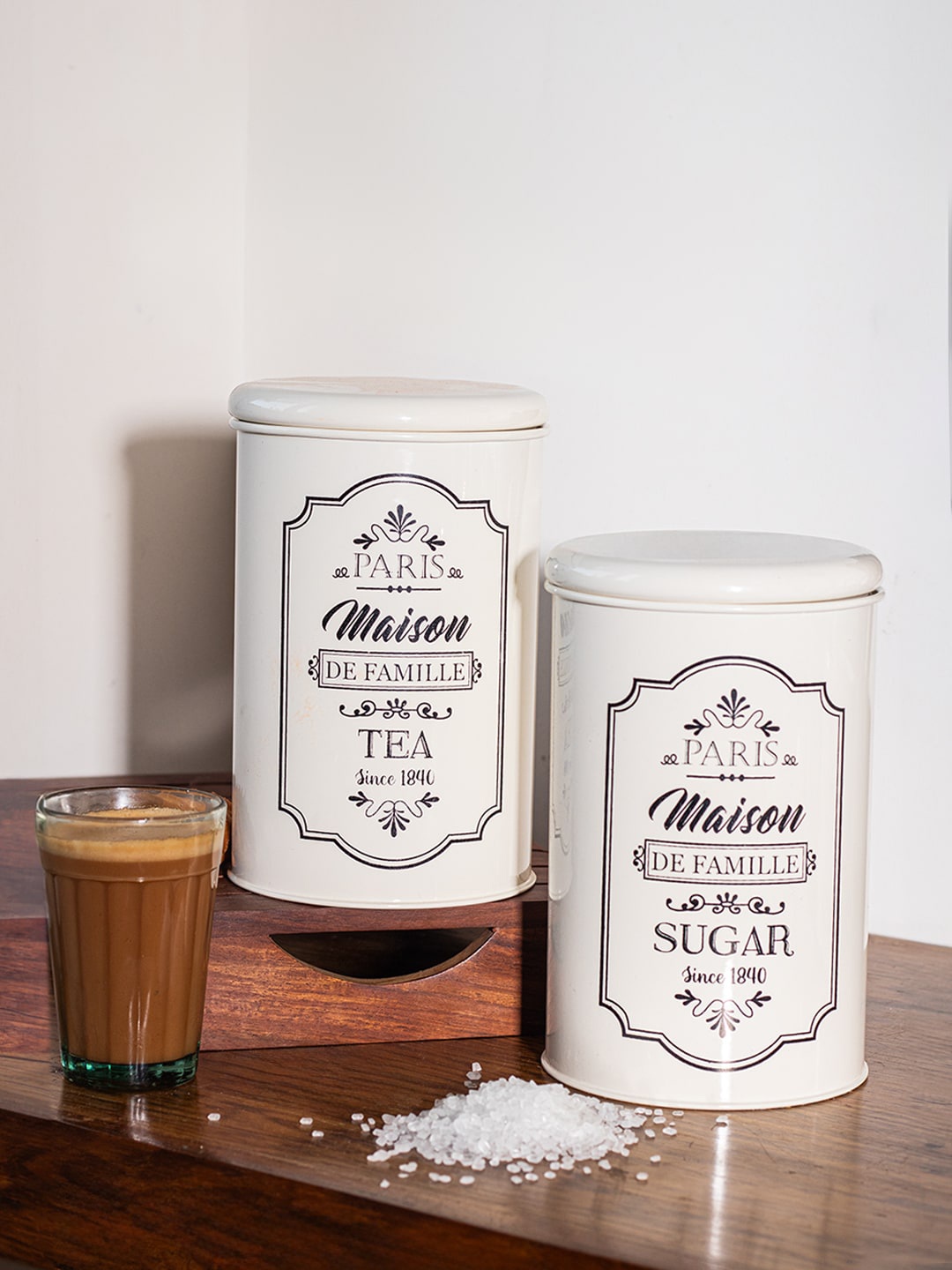 

MARKET99 2 Pcs Off White Printed Tea & Sugar Metal Jar Containers - 900 ML Each