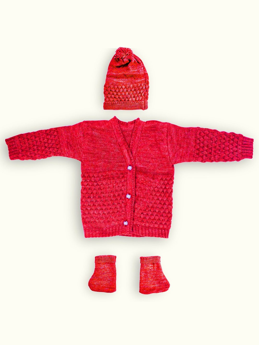 

Born Babies Infant Kids Self Design Cable Knit Cotton Cardigan With Cap & Booties, Red