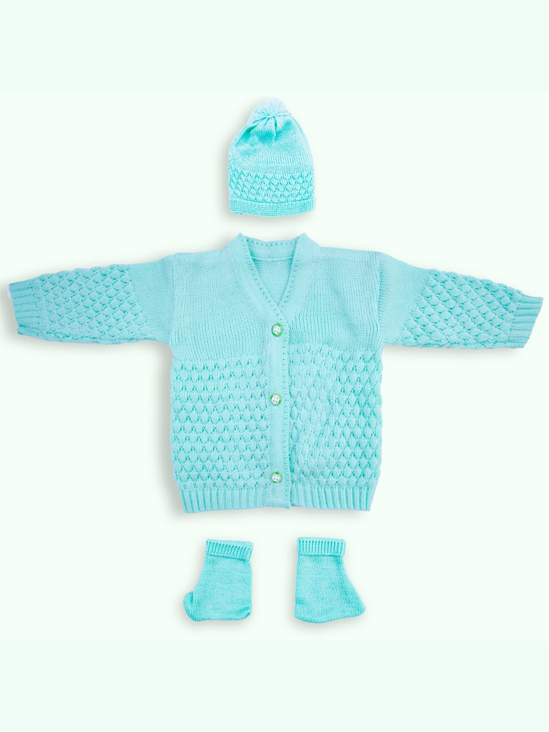 

Born Babies Infants Kids Self Design Cable Knit Cotton Cardigan With Cap & Booties, Blue