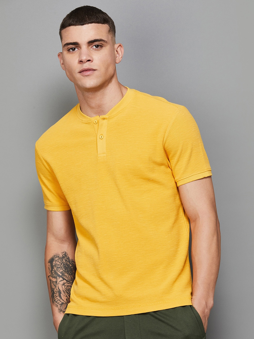 

Forca by Lifestyle Mandarin Collar Short Sleeves Cotton T-shirt, Yellow