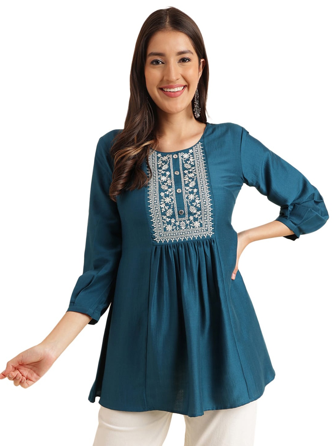 

KALINI Embroidered Round Neck Cuffed Sleeve A-Line Pleated Kurti, Blue