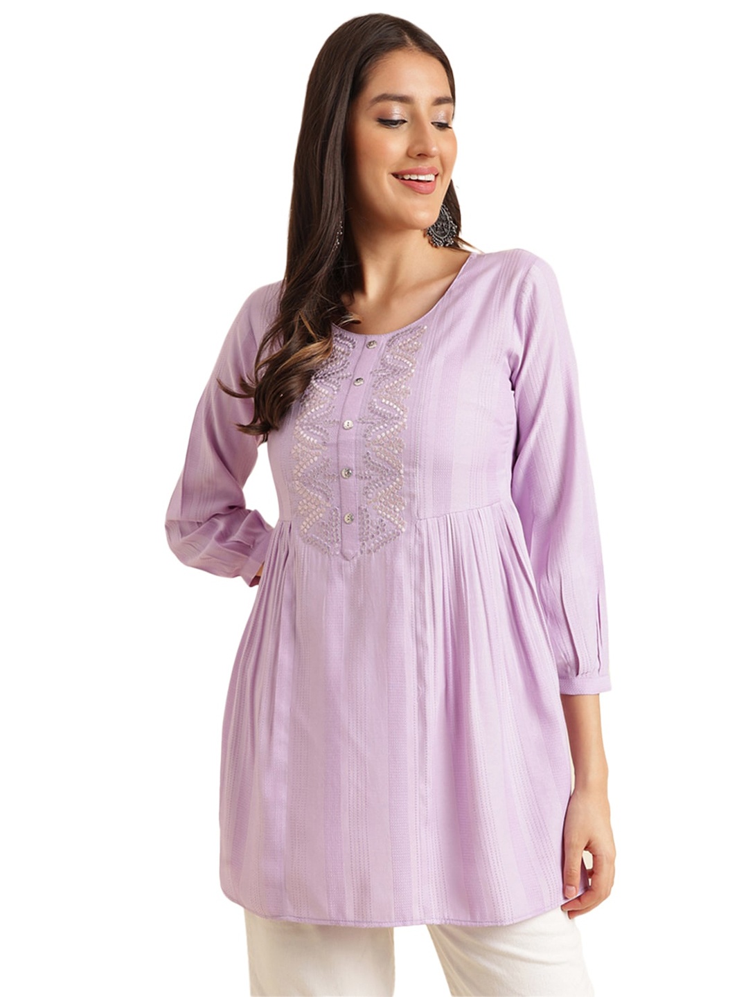 

KALINI Floral Embroidered A-Line Pleated Kurti, Lavender