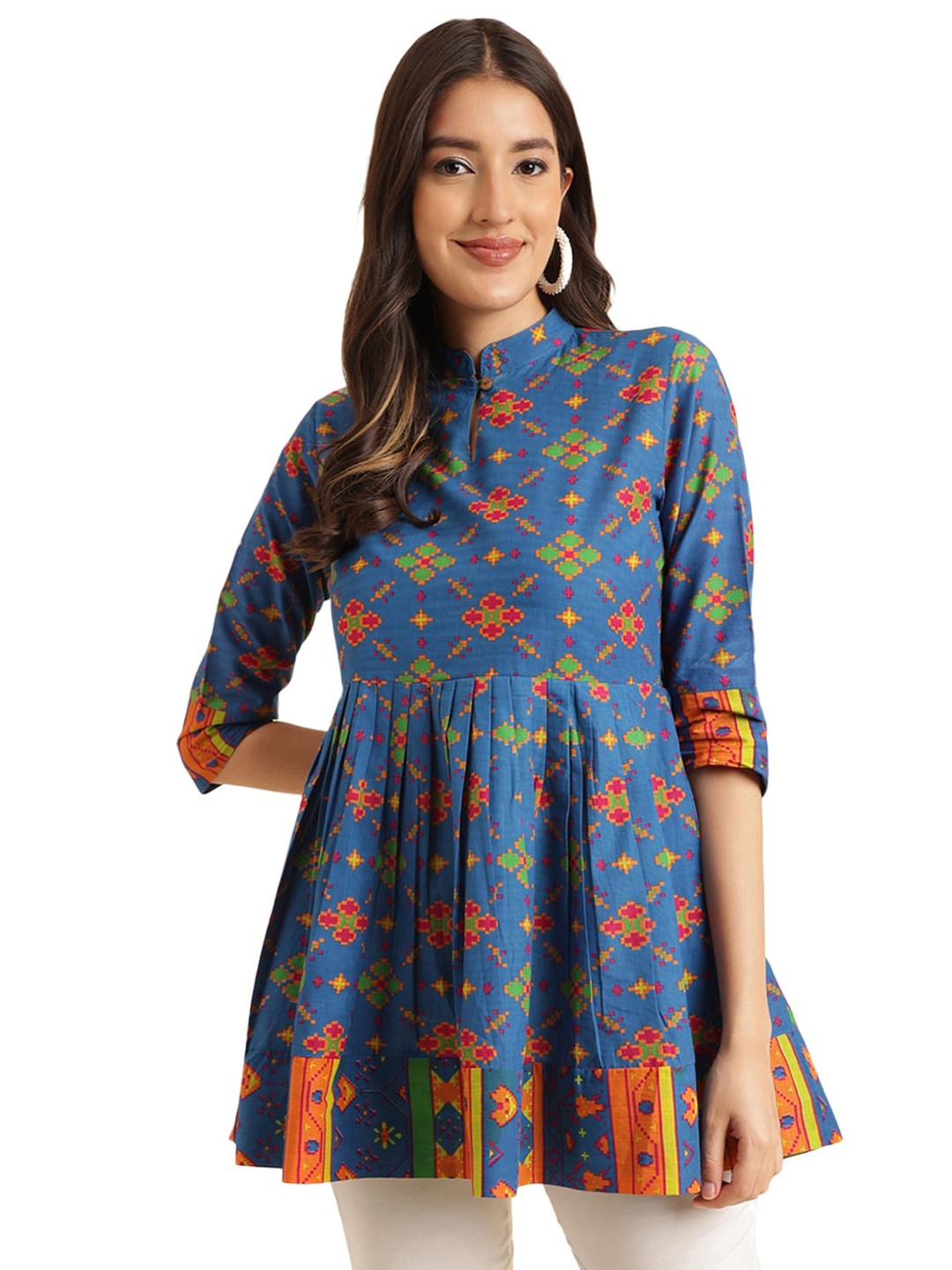 

KALINI Ethnic Print Mandarin Collar A-Line Cotton Top, Blue