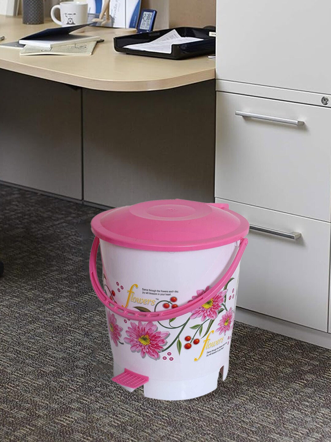 

Kuber Industries White & Pink Printed Pedal Dustbins - 10 L