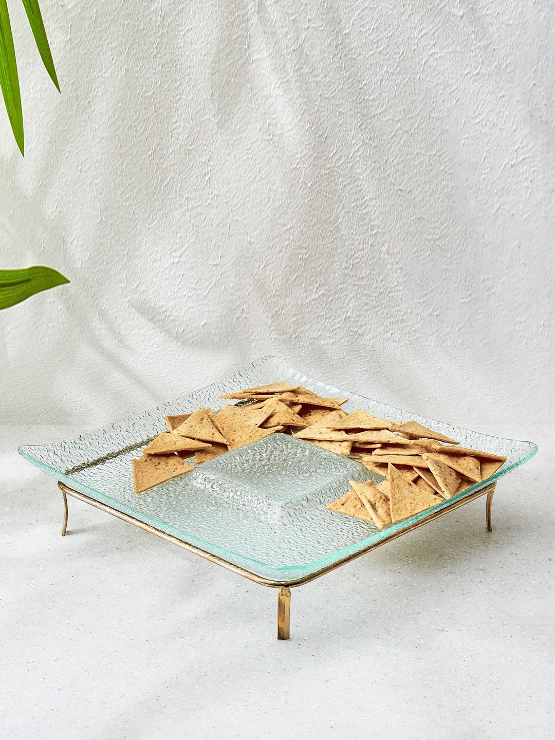 

Home Centre Abaco Barney Yellow & Blue Glass Chip & Dip Plate With Metal Stand