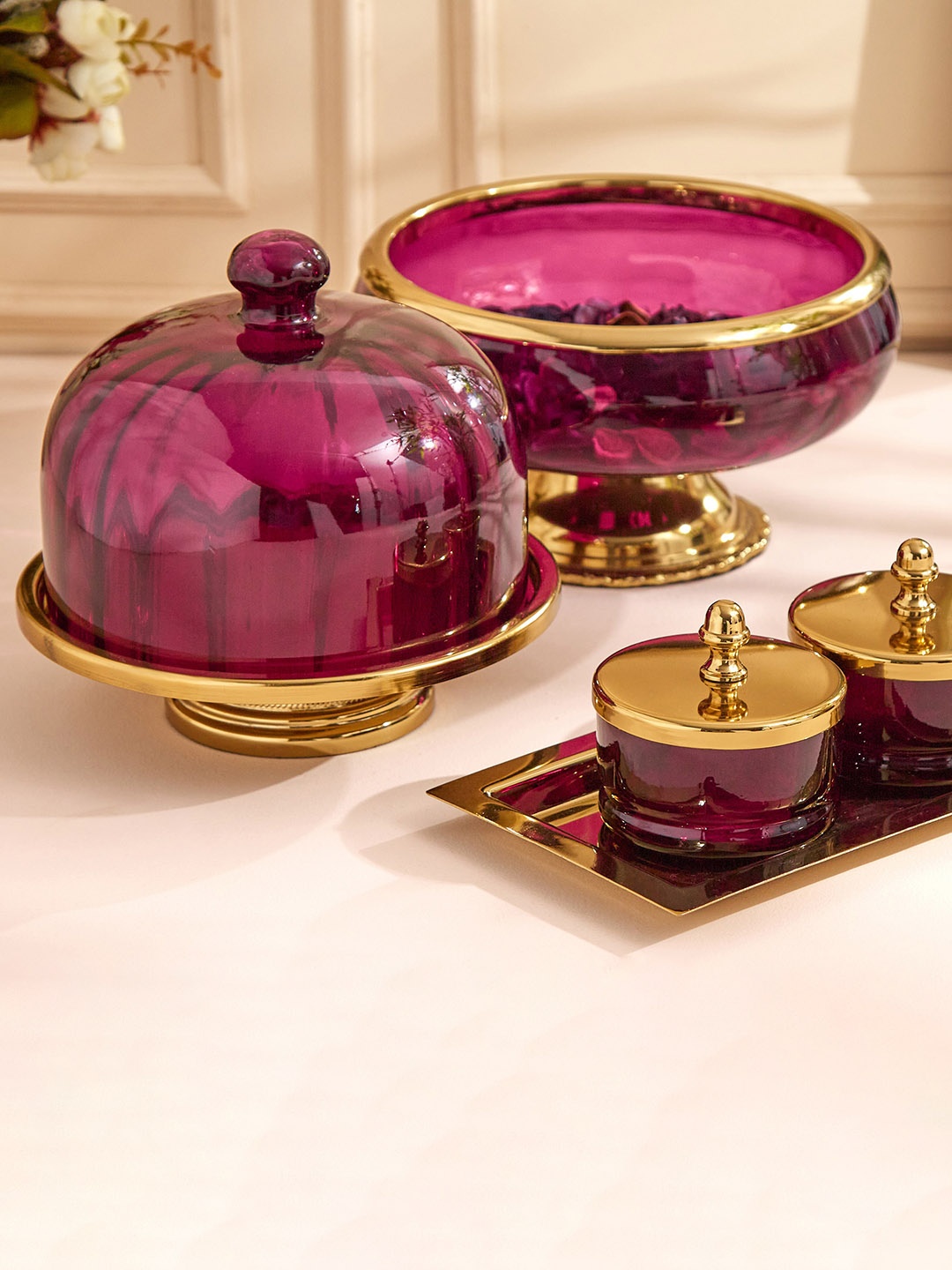 

Home Centre Fiesta Purple Stainless Steel Cake Stand With Glass Lid