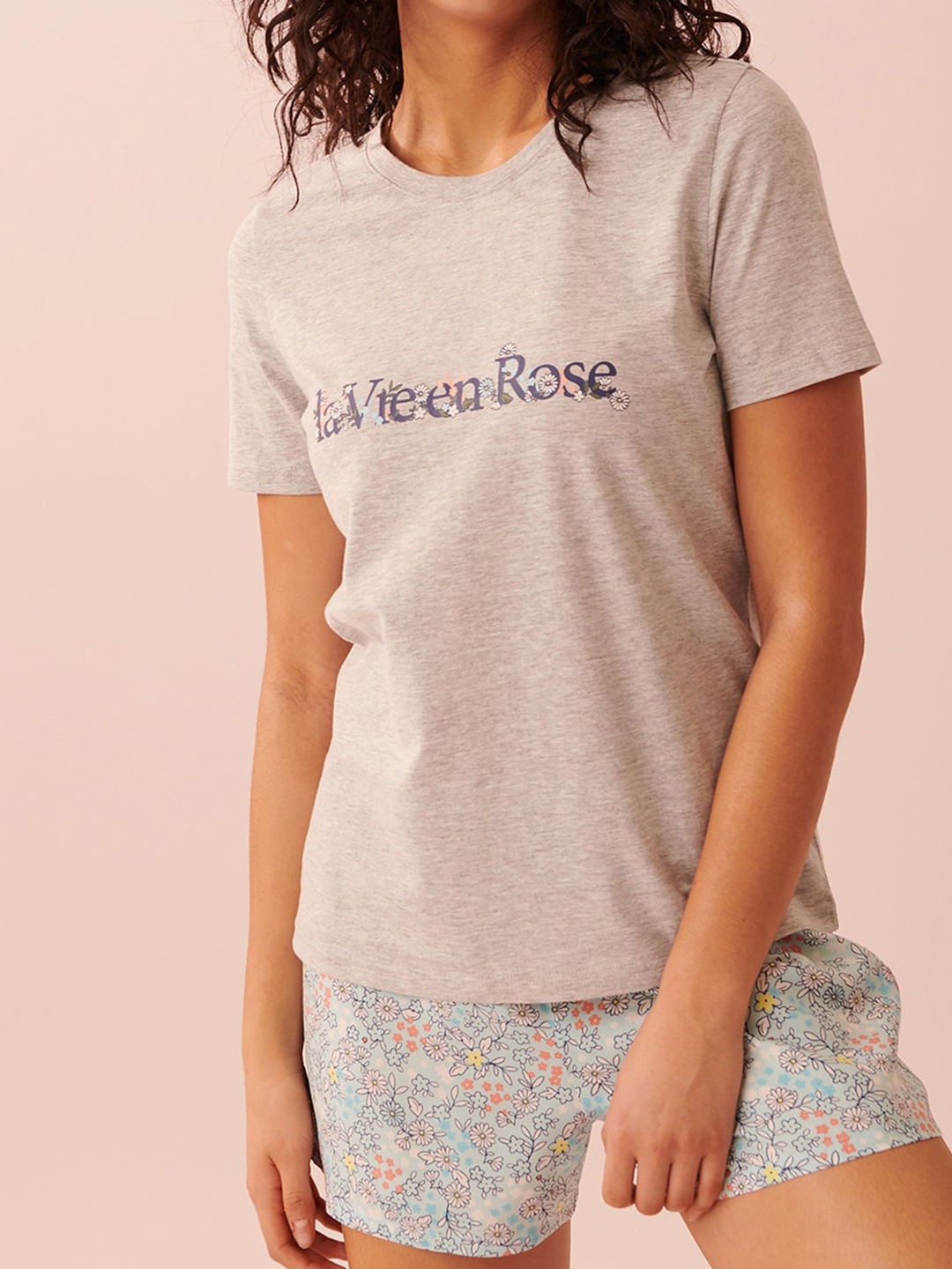 

La Vie en Rose Typography Printed Night Suit, Beige
