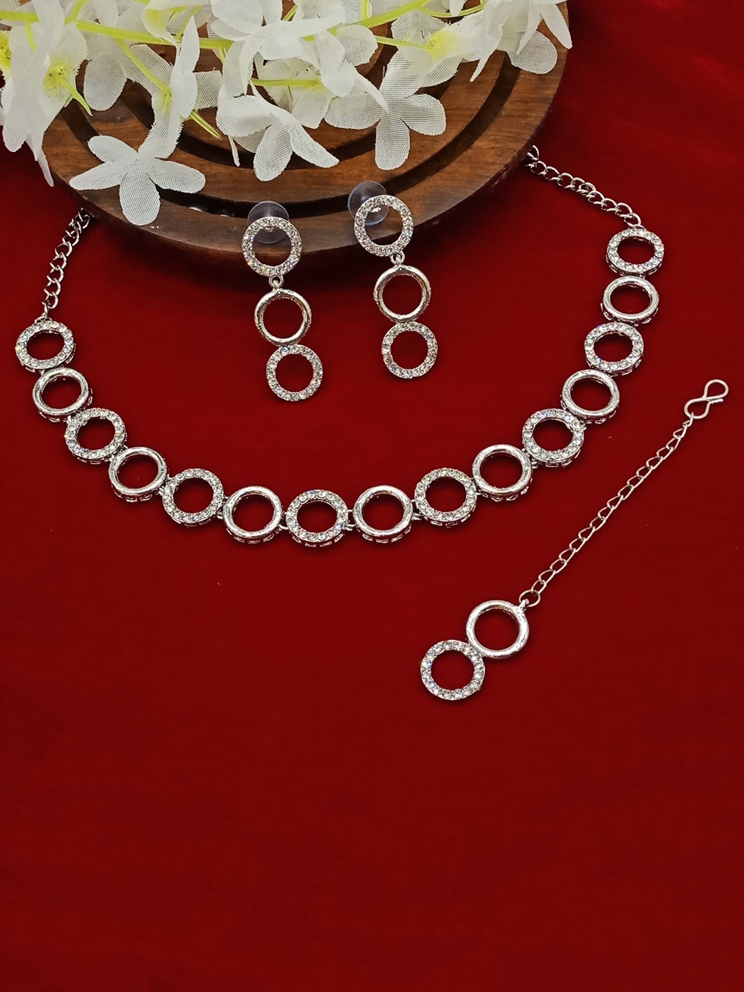 

AASHISH IMITATION Rhodium-Plated Stone-Studded Jewellery Set, Silver