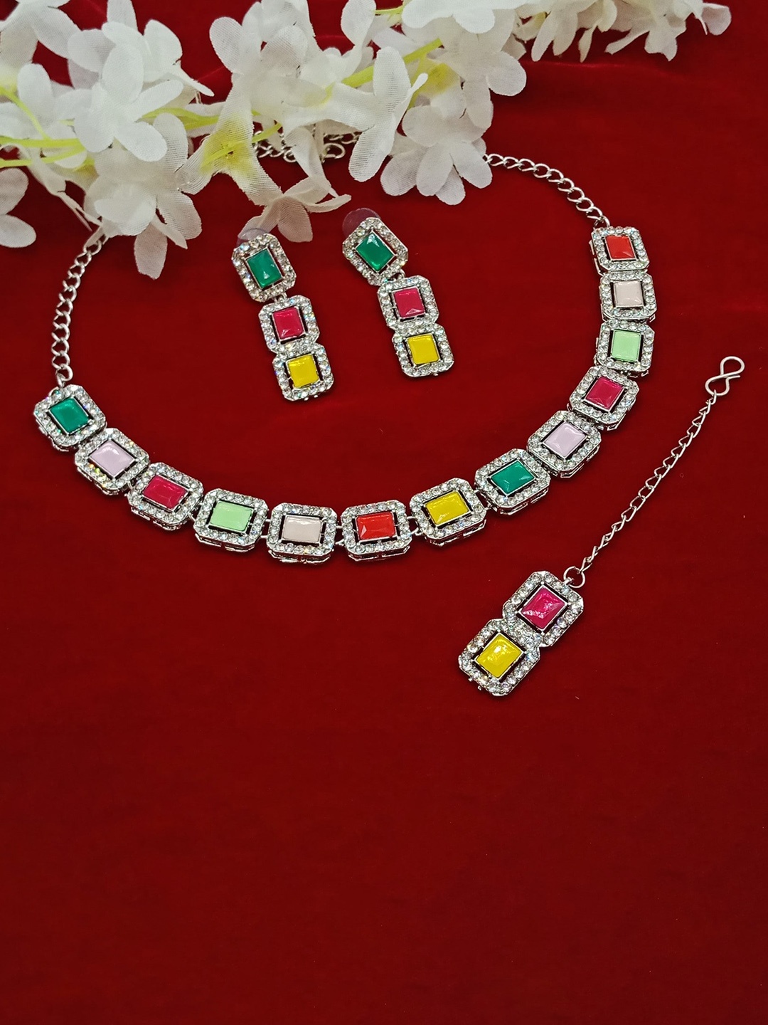 

AASHISH IMITATION Rhodium-Plated Stone-Studded Jewellery Set, Silver